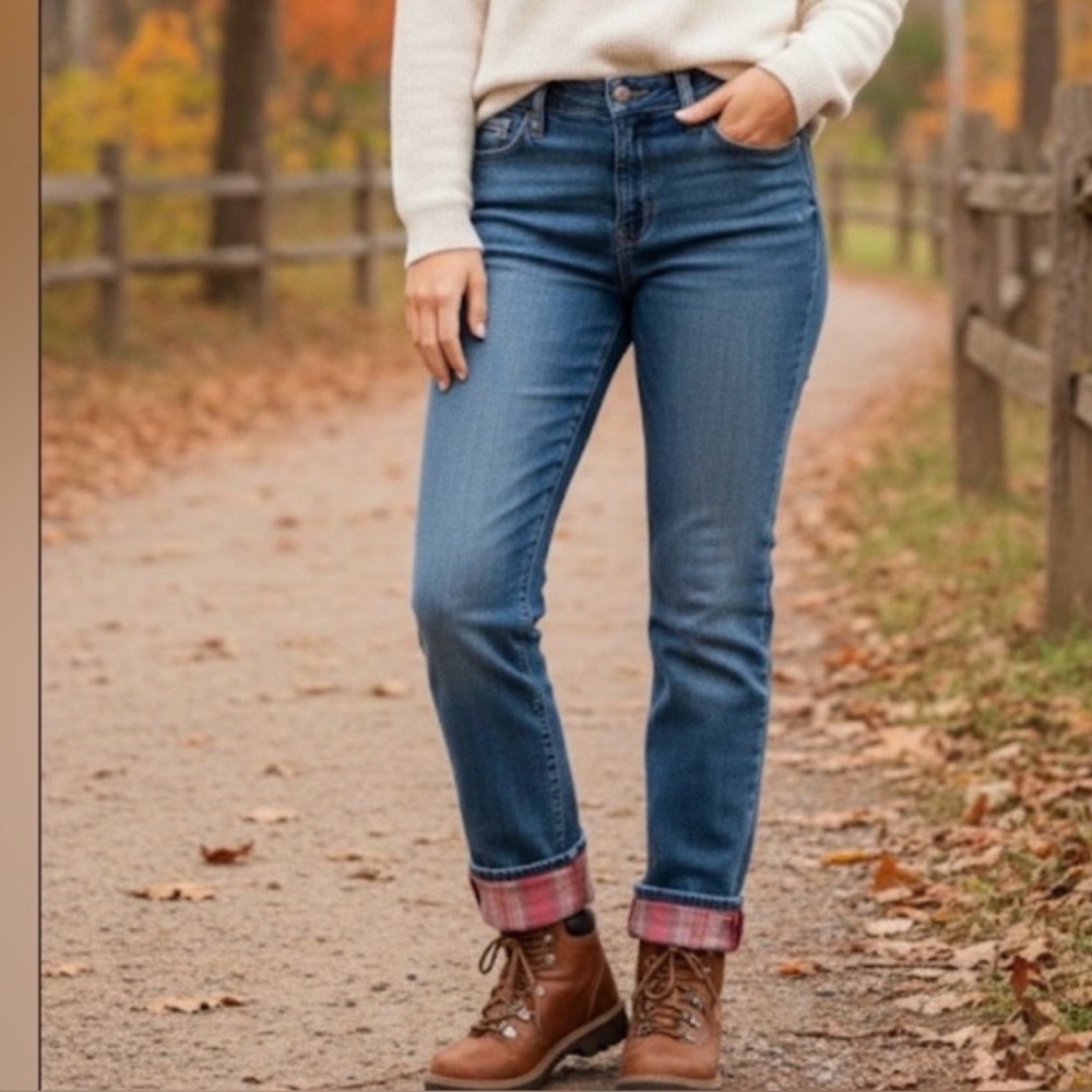 L.L. Bean Flannel Lined Straight Leg Jeans Blue Denim Pink Plaid Size 4